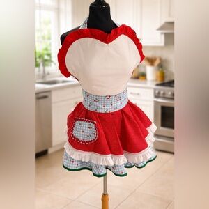 Red and White Heart Apron with Cherry Pattern